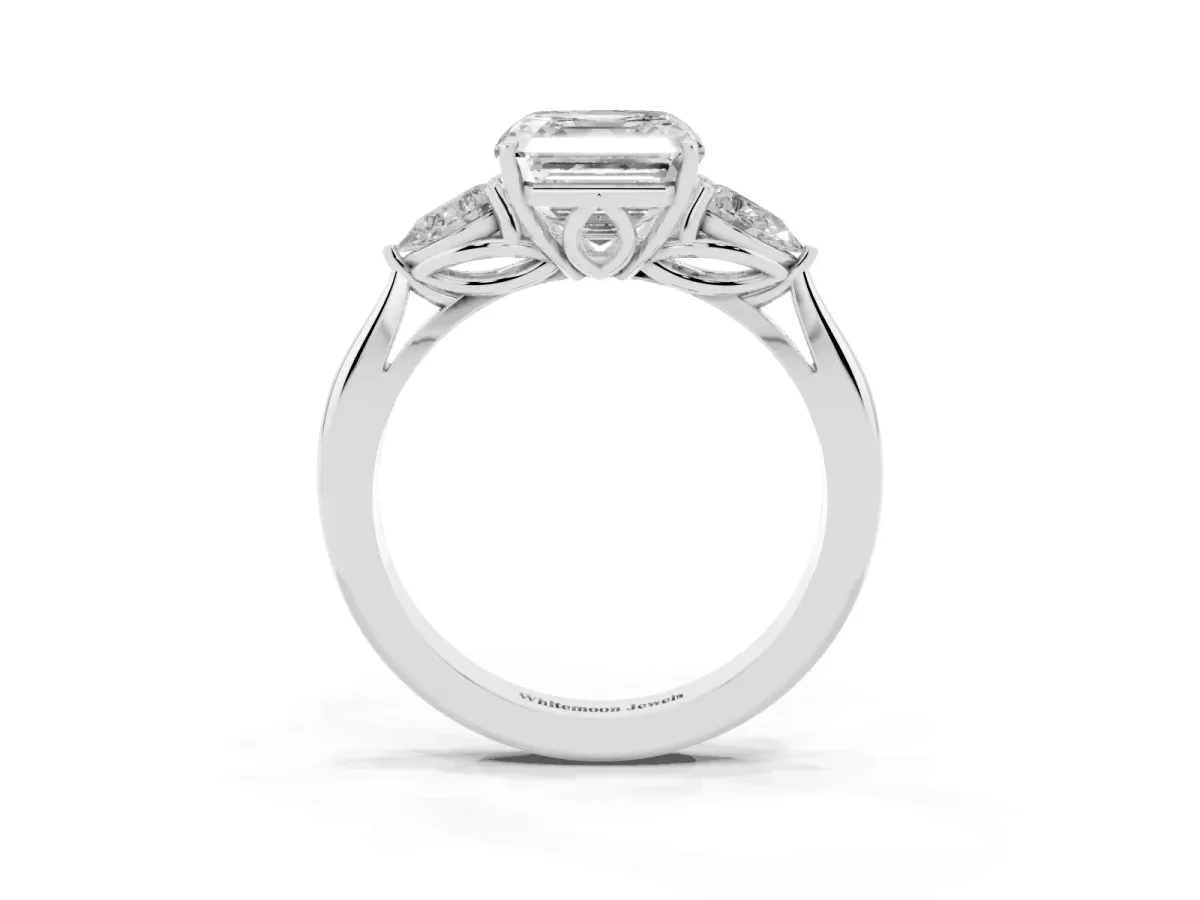 Three-Stone Asscher Cut Diamond Ring with Pear Side Stones in Four-Prong Setting Silver