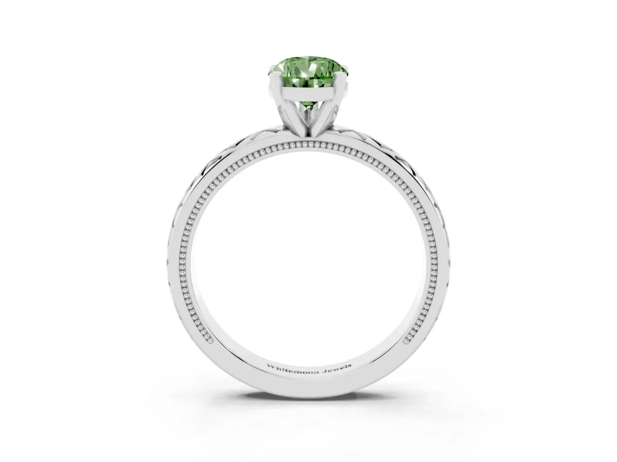 Fancy Green Pear Cut Solitaire Diamond Ring with Milgrain and Black Enamel X Pattern Band Silver