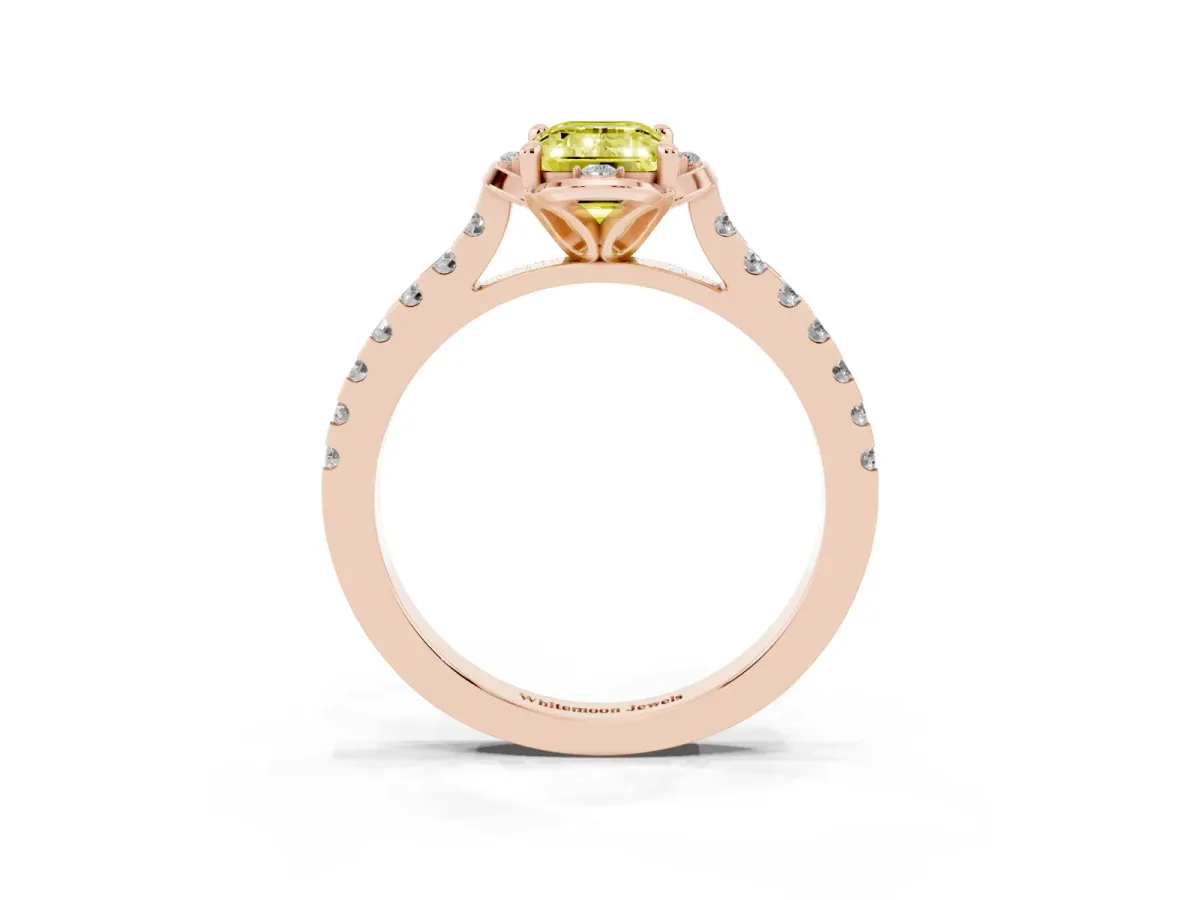 Fancy Yellow Emerald Cut Diamond Ring with Pavé Band and Floral Prong Setting Rose gold