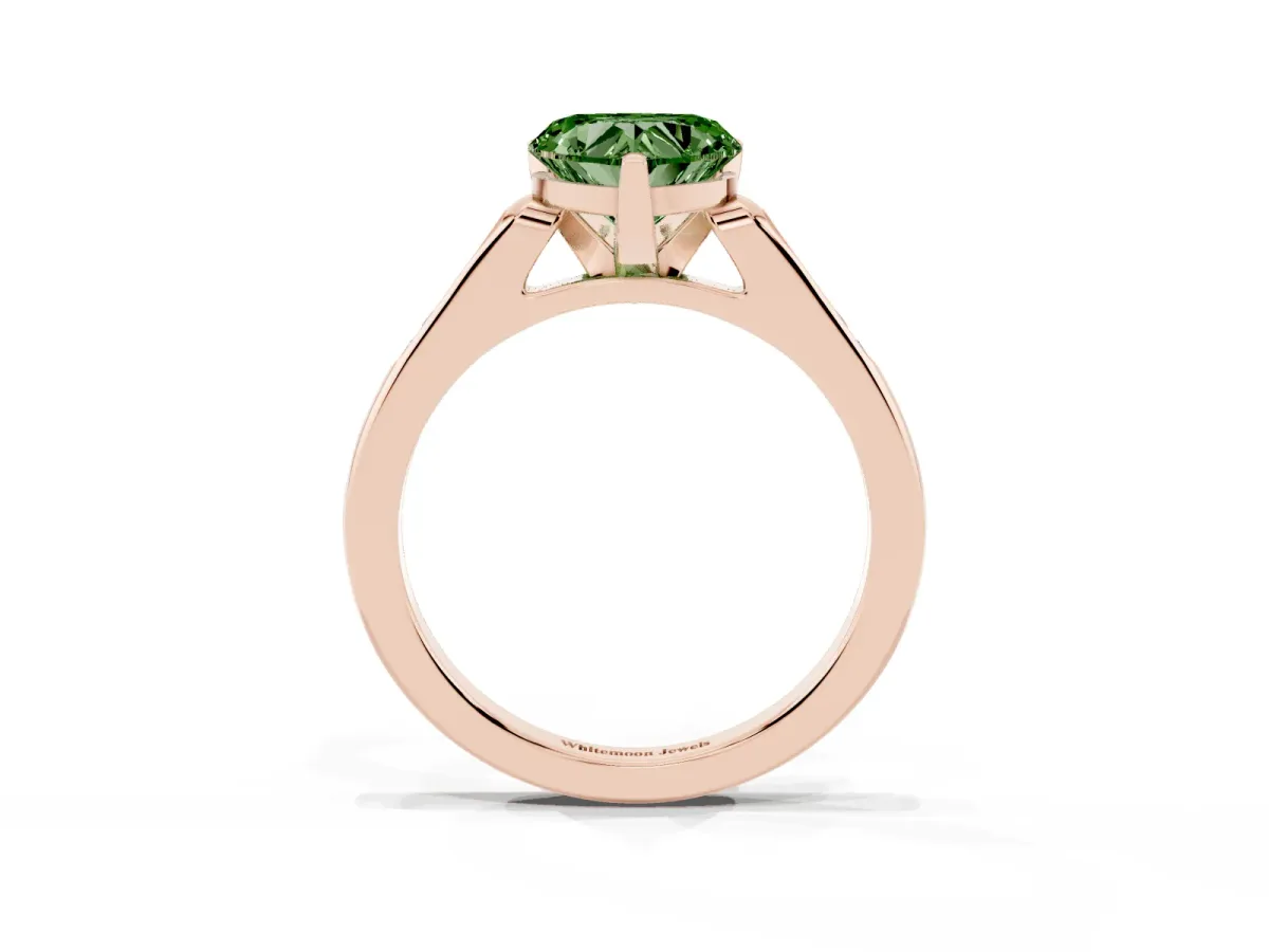 Fancy Green Heart Cut Diamond Solitaire Ring with Channel Set Round Band and Prong Setting Rose gold