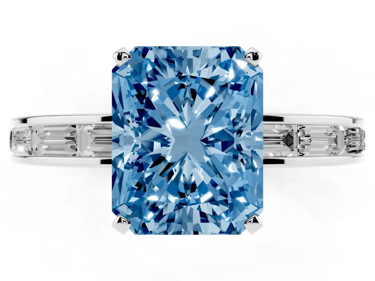 Fancy Blue Radiant Cut Solitaire Diamond Ring with Channel-Set Baguette Band and Four-Prong Setting Silver