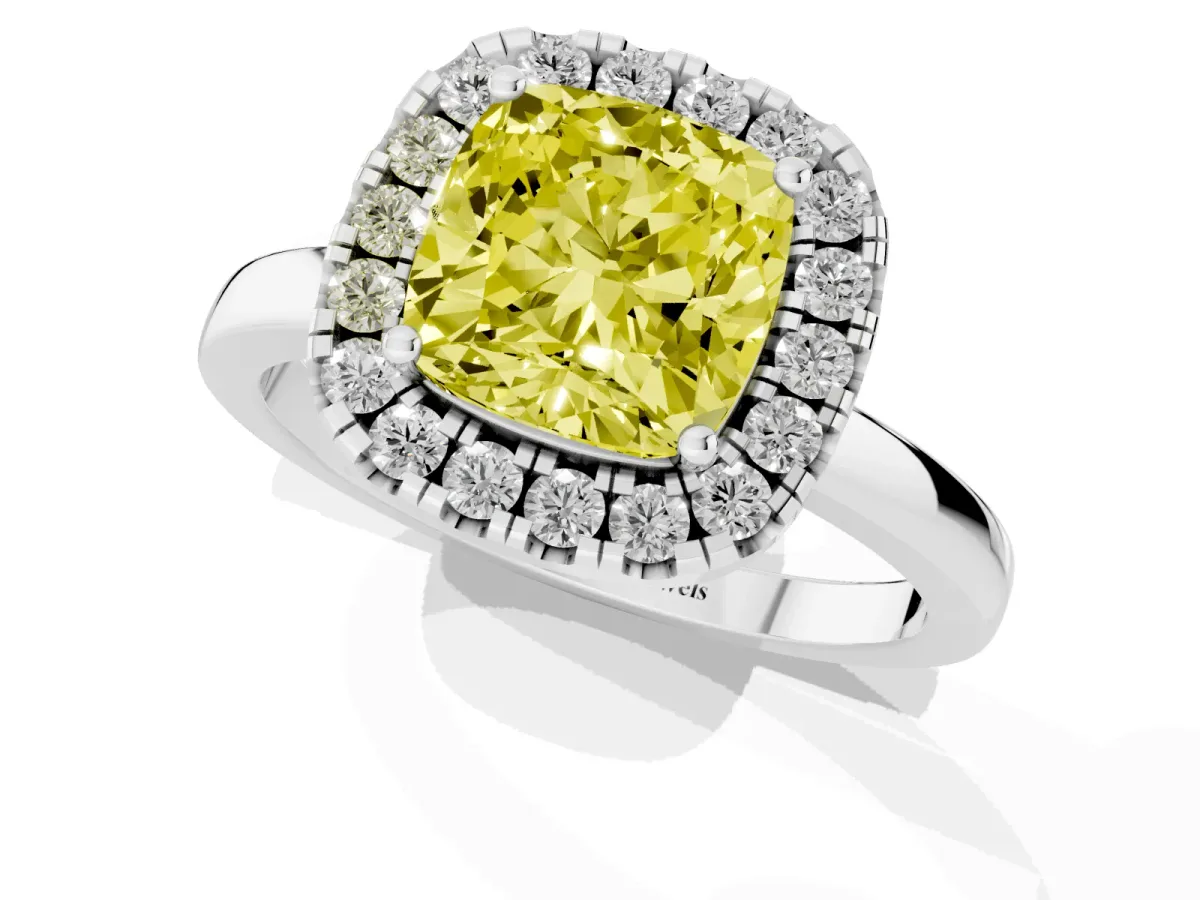 Fancy Yellow Cushion Cut Halo Diamond Solitaire with Pavé Band and Four-Prong Setting White gold