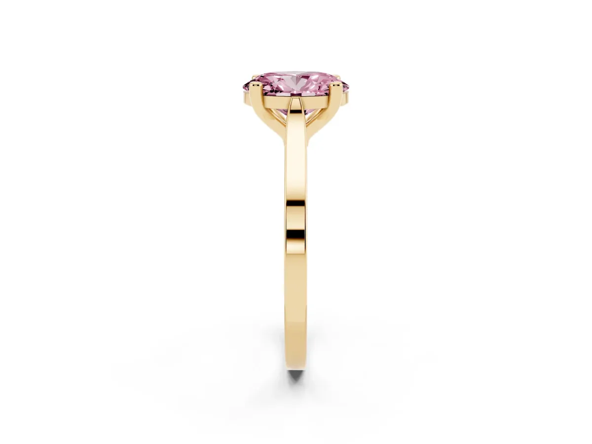 Fancy Pink Oval Cut Solitaire Diamond Ring with Four-Prong Setting and Tapered Band Yellow gold