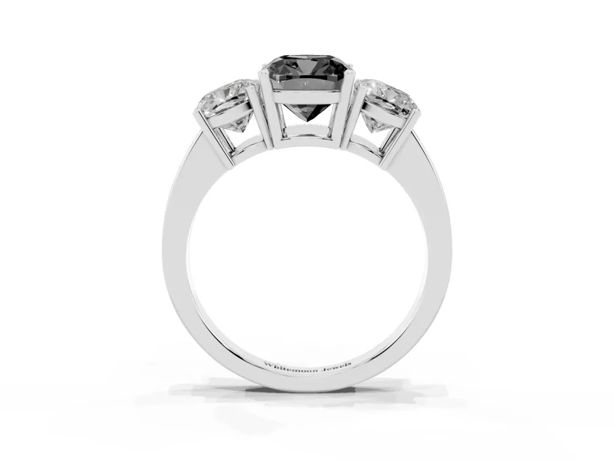 Fancy Black Three-Stone Cushion Cut Cut Diamond Engagement Ring with Flat Band and Four-Prong Setting Silver