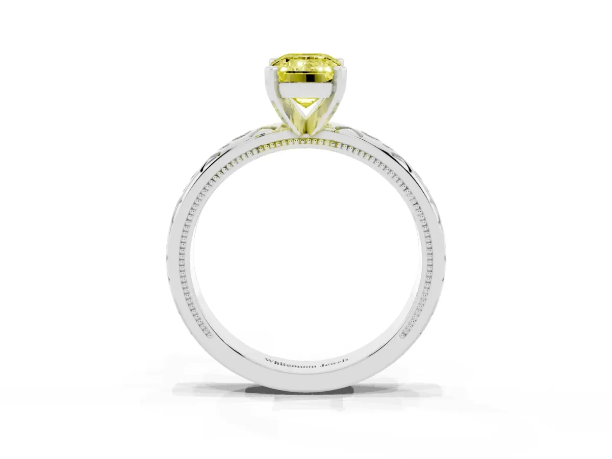 Fancy Yellow Emerald Cut Solitaire Engagement Ring with Scrollwork Band and Four-Prong Setting Silver