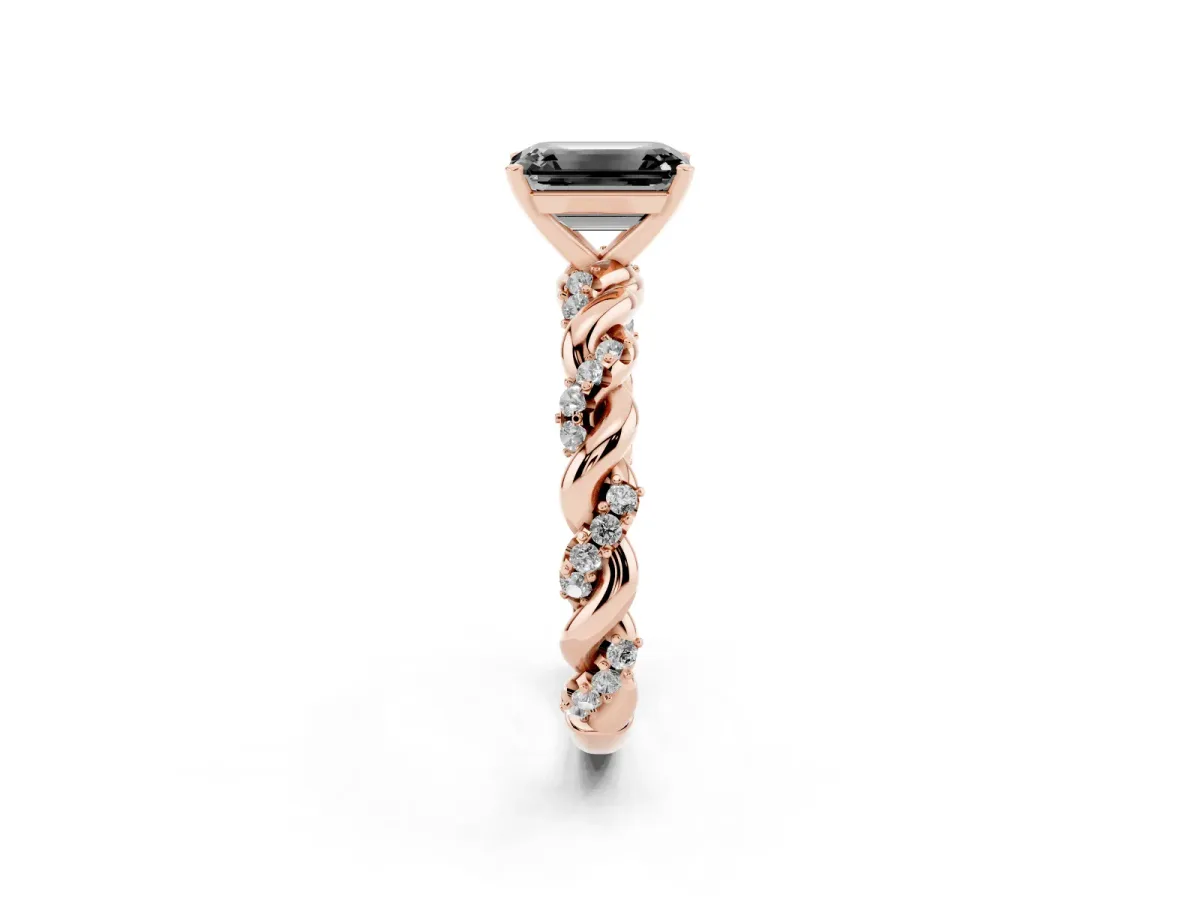 Fancy Black Emerald Cut Diamond Solitaire Ring with Twisted Band and Pavé Accents Rose gold