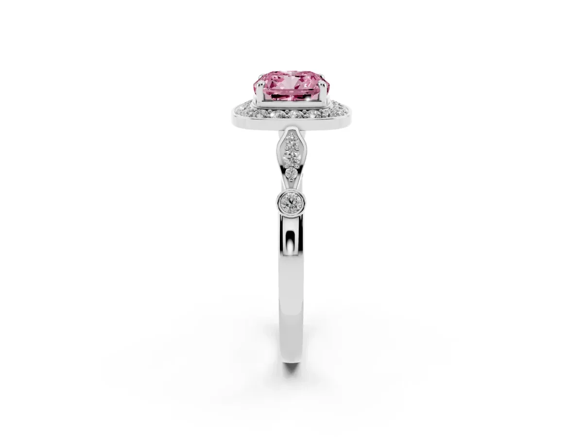 Fancy Pink Cushion Cut Halo Diamond Engagement Ring with Twisted Band and Four-Prong Setting Platinum