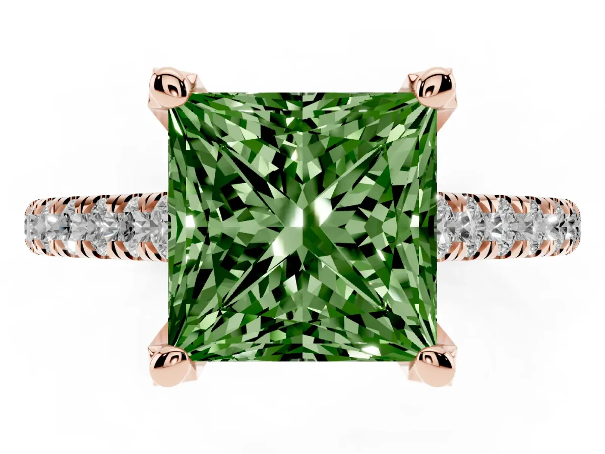 Fancy Green Princess Cut Brilliant Diamond Solitaire with Pavé Band and Four-Prong Setting Rose gold