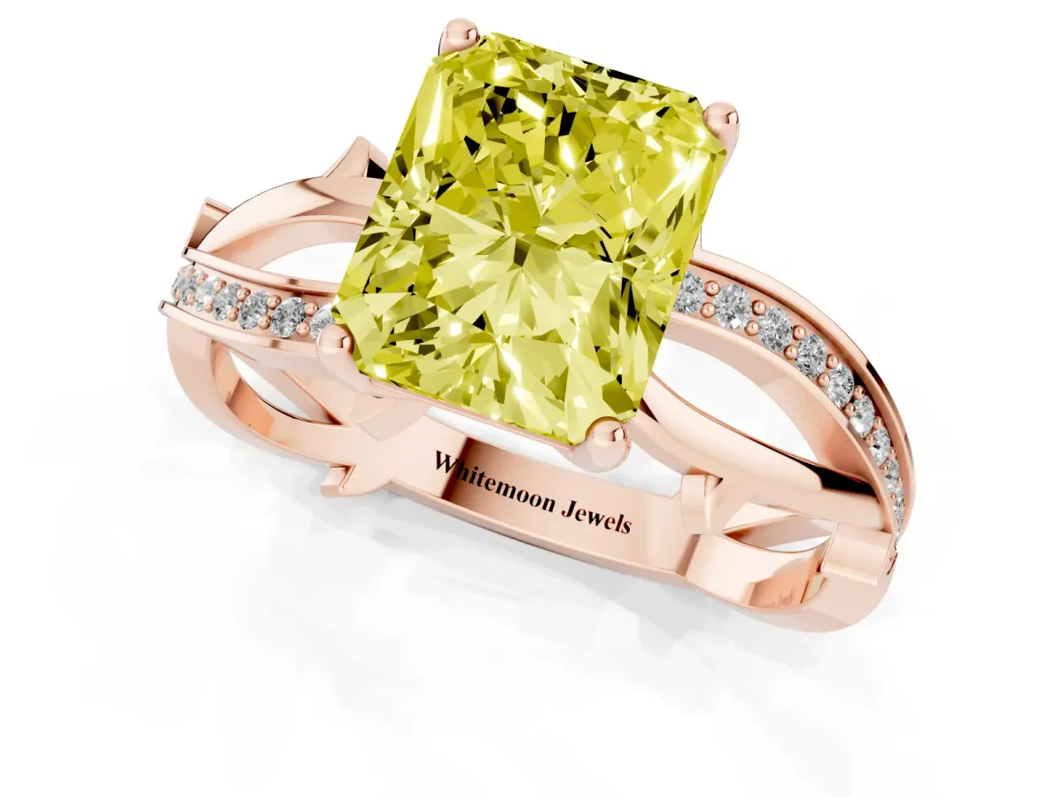 Fancy Yellow Radiant Cut Solitaire Twist Band with Pavé Accents and Four-Prong Setting Rose gold