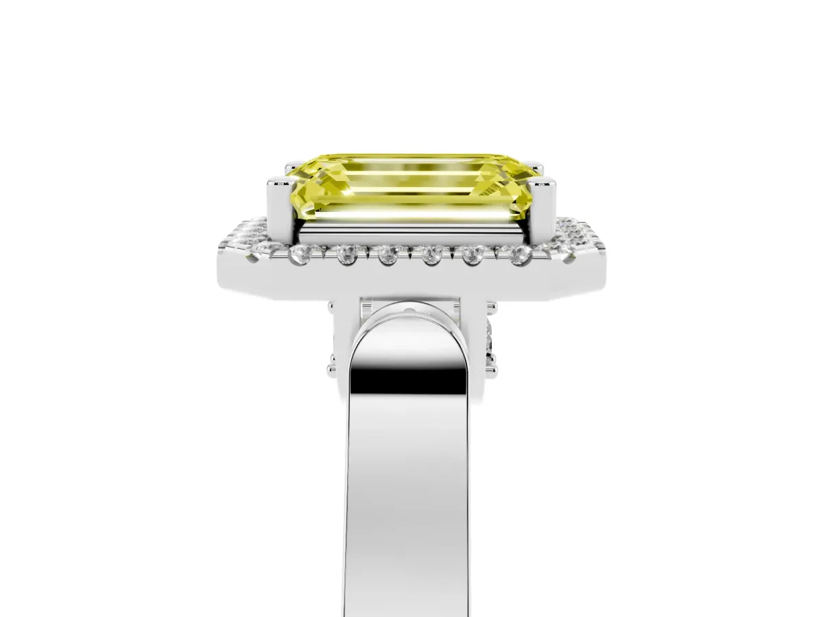 Fancy Yellow Emerald Cut Halo Pave Split Shank Prong Setting Ring Platinum