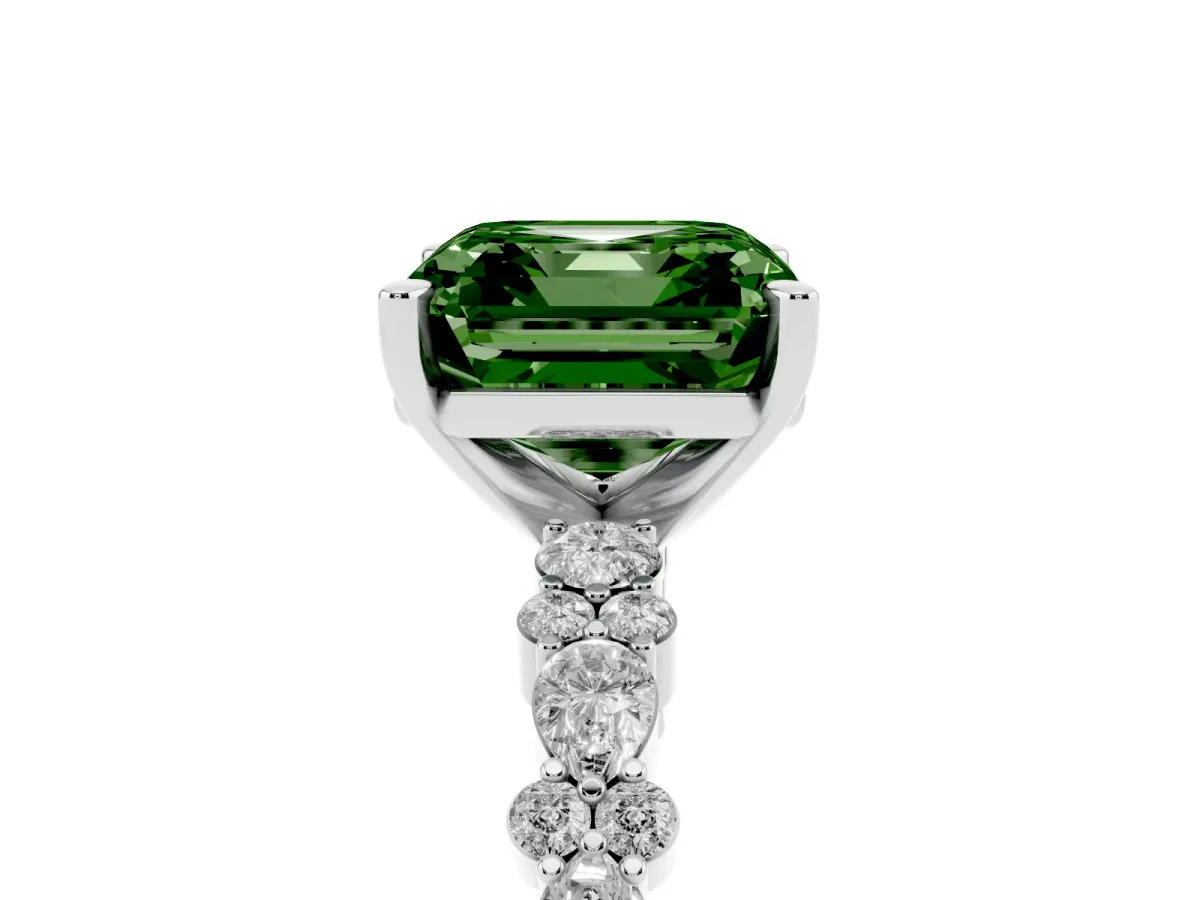 Fancy Green Asscher Cut Diamond Side Stone Solitaire Ring with Round and Four-Prong Setting Platinum