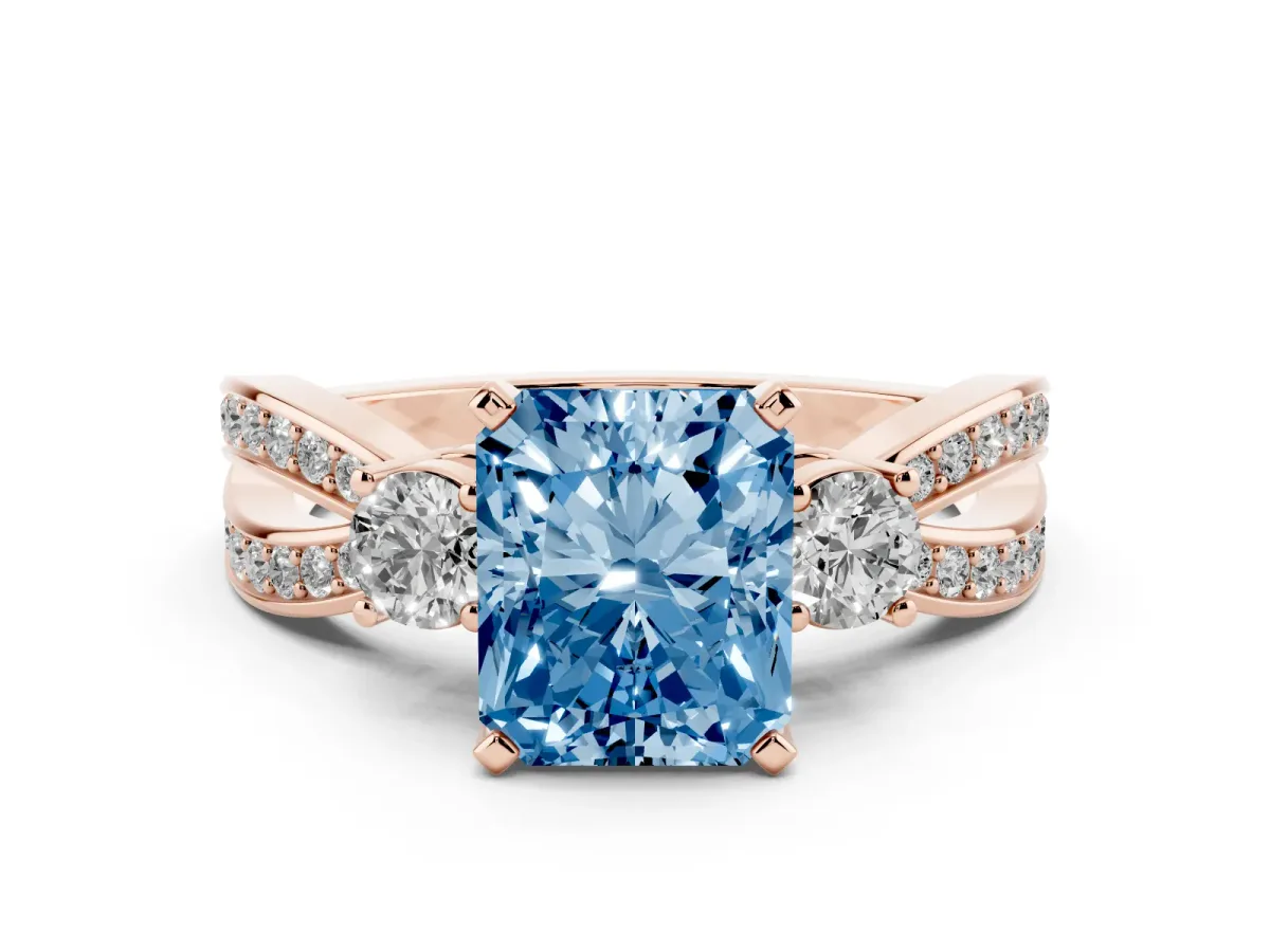 Fancy Blue Three-Stone Radiant Cut Cut Diamond Twist Band with Prong Setting Rose gold