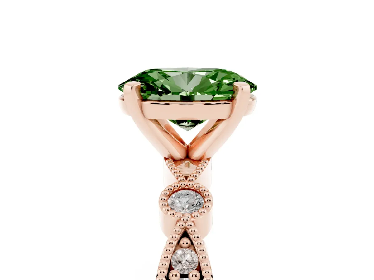 Fancy Green Oval Cut Milgrain Bezel Diamond Engagement Ring with Solitaire Prong Setting Rose gold
