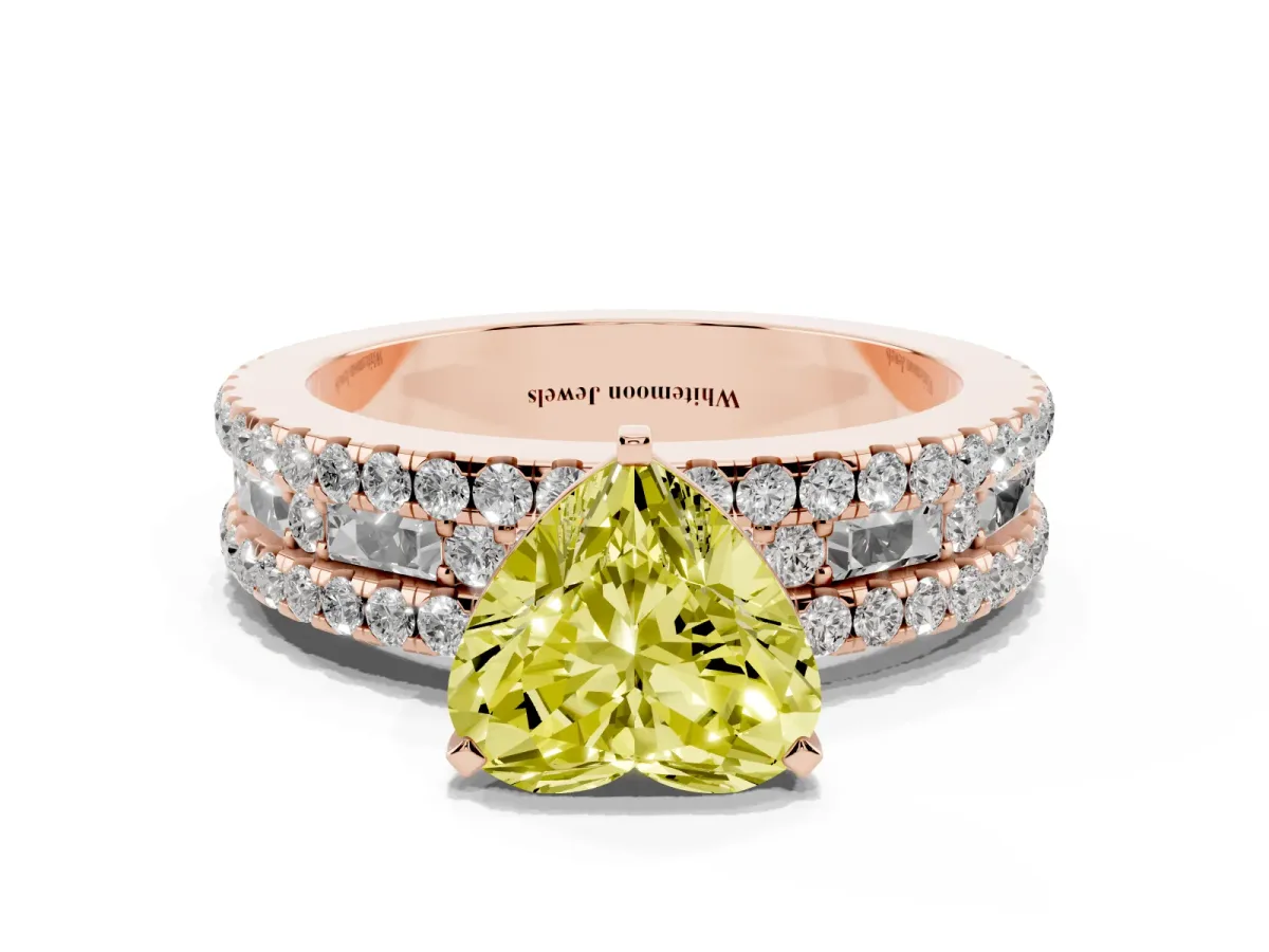 Fancy Yellow Heart Cut Diamond Solitaire Ring with Pavé and Channel Set Band Rose gold