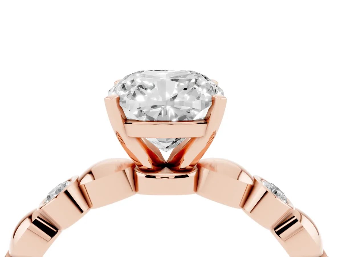 Cushion Cut Solitaire Bezel-Set Diamond Ring with Beaded Band and Four-Prong Setting Rose gold