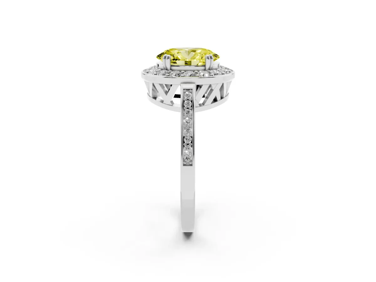 Fancy Yellow Oval Cut Diamond Halo Ring with Split Shank and Four-Prong Setting Silver