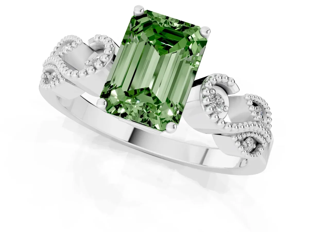 Fancy Green Emerald Cut Solitaire Milgrain Leaf Band with Prong Setting Silver