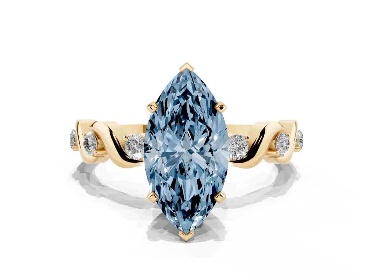 Fancy Blue Marquise Cut Diamond Solitaire Twisted Band with Round Accents and Prong Setting Yellow gold