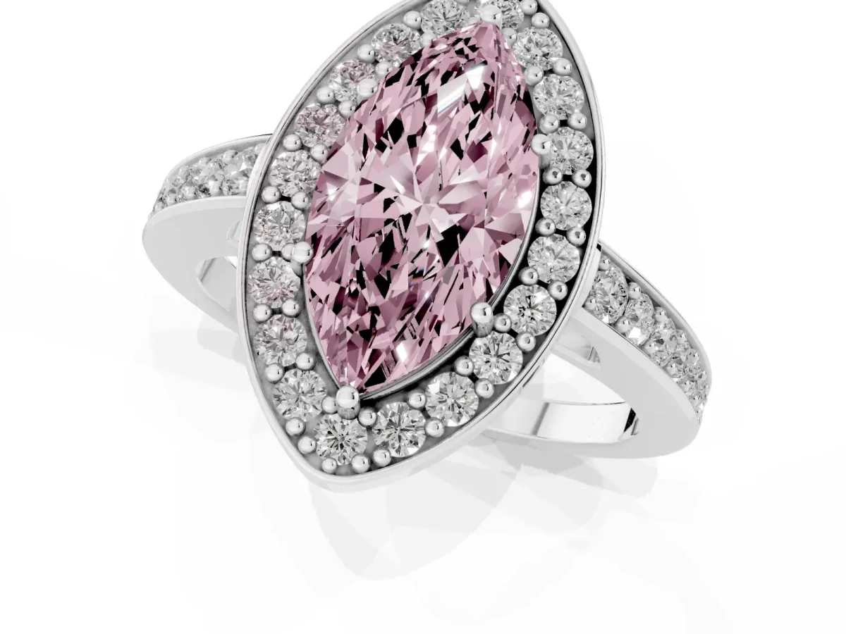 Fancy Pink Marquise Cut Halo Pavé Diamond Engagement Ring with Bezel Setting Silver