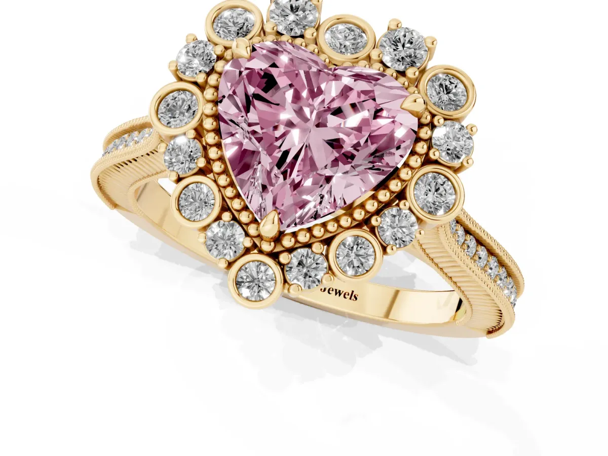 Fancy Pink Heart Cut Halo Milgrain Pave Diamond Ring with Four-Prong Setting Yellow gold