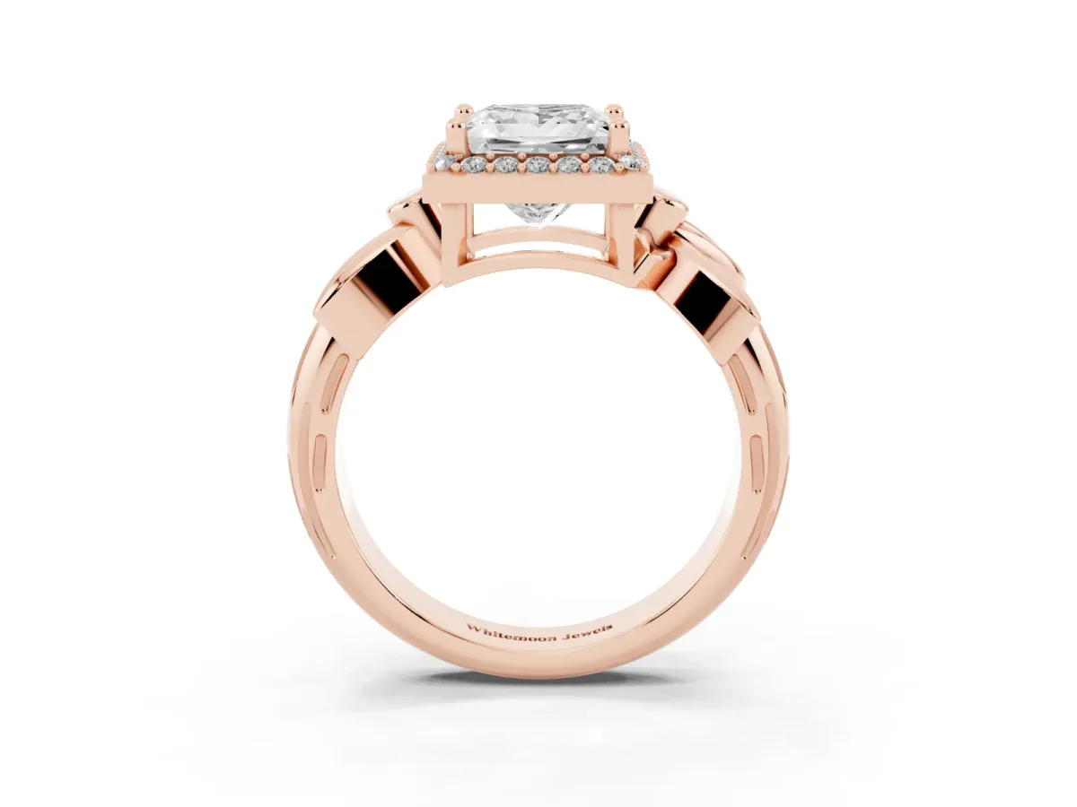 Princess Cut Halo Diamond Floral Band with Four-Prong Setting Rose gold