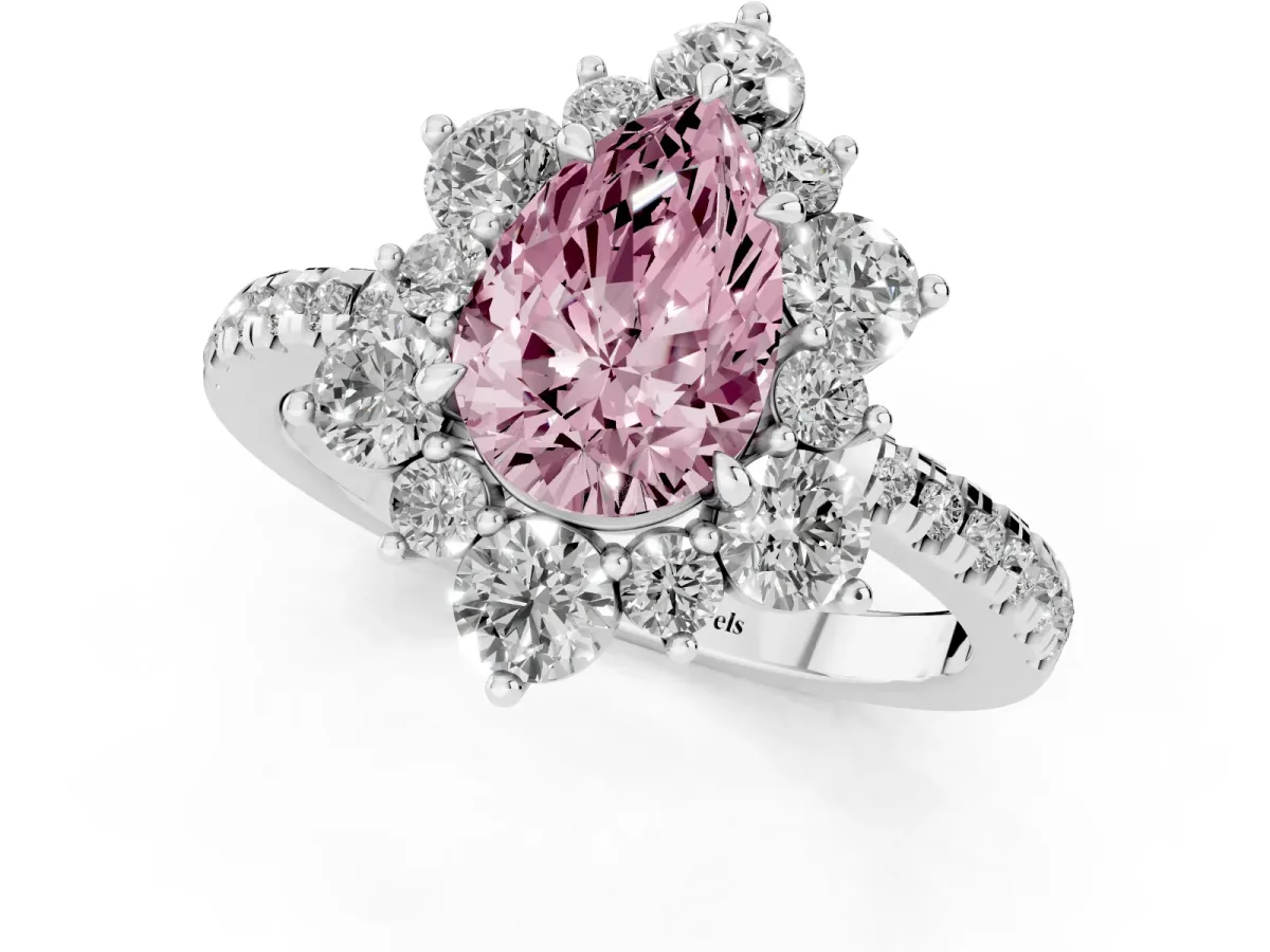 Fancy Pink Pear Cut Diamond Floral Halo Ring with Round Pavé Band and Prong Setting Platinum