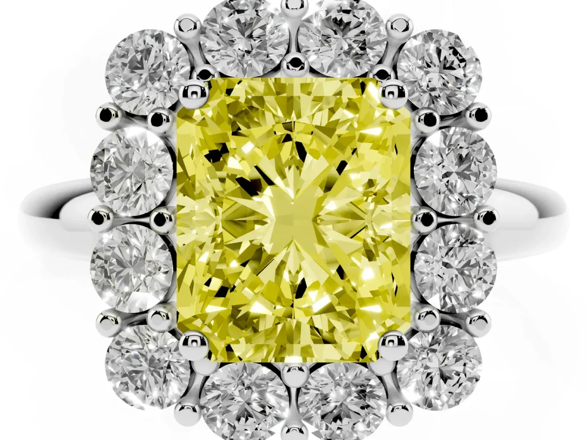 Fancy Yellow Radiant Cut Halo Cluster Diamond Engagement Ring with Prong Setting and Polished Band Platinum