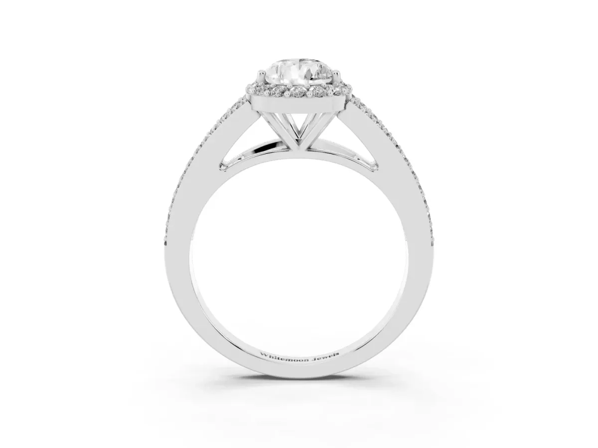 Pear Cut Halo Split Shank Diamond Ring with Prong Setting Platinum