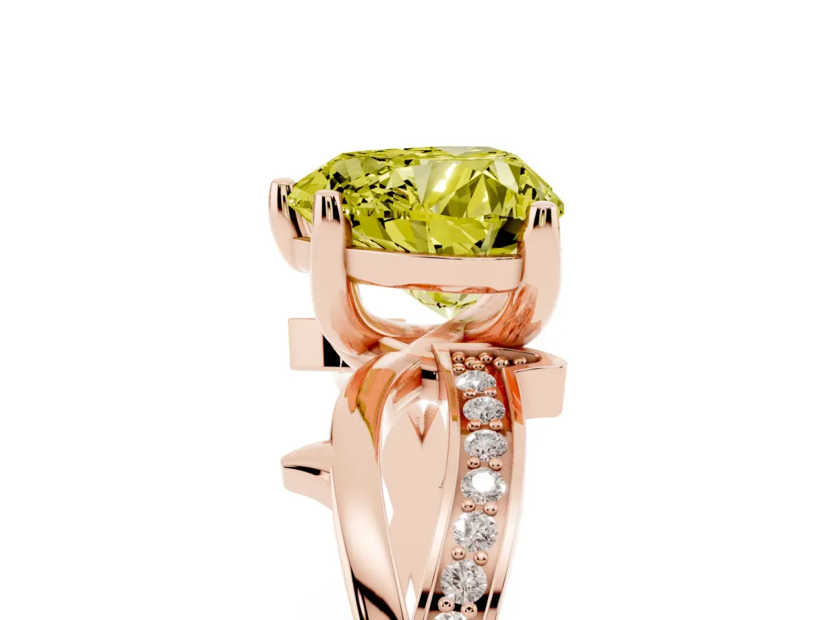 Fancy Yellow Heart Cut Solitaire Twist Band with Pavé Accents and Four-Prong Setting Rose gold