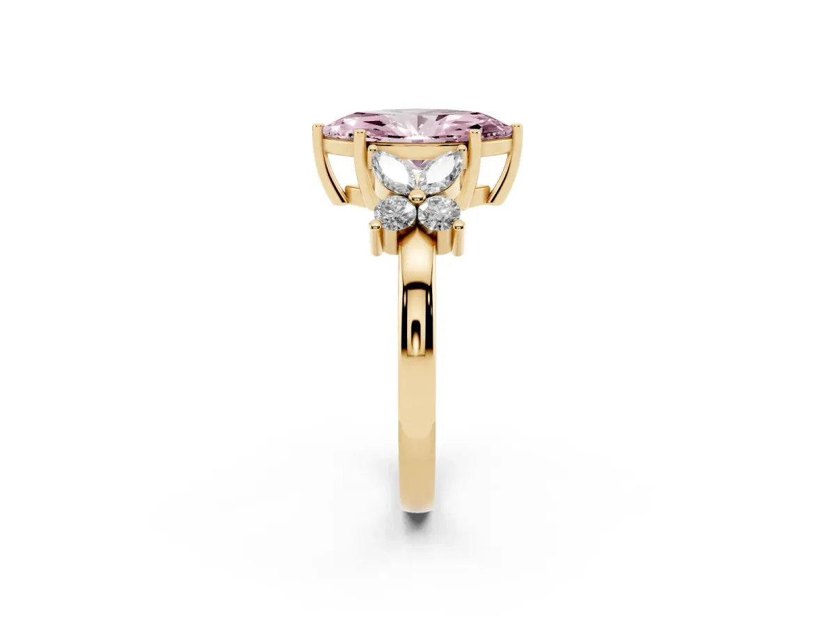 Fancy Pink Marquise Cut Diamond Floral Cluster Ring with Solitaire Band and Prong Setting Yellow gold
