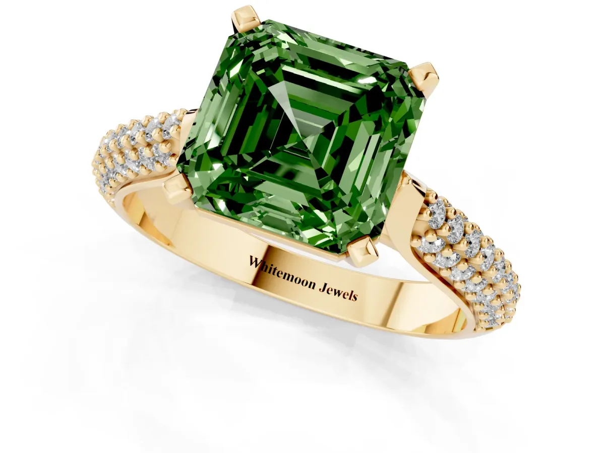 Fancy Green Asscher Cut Diamond Solitaire Engagement Ring with Multi-Row Round Pavé Band and Prong Setting Yellow gold