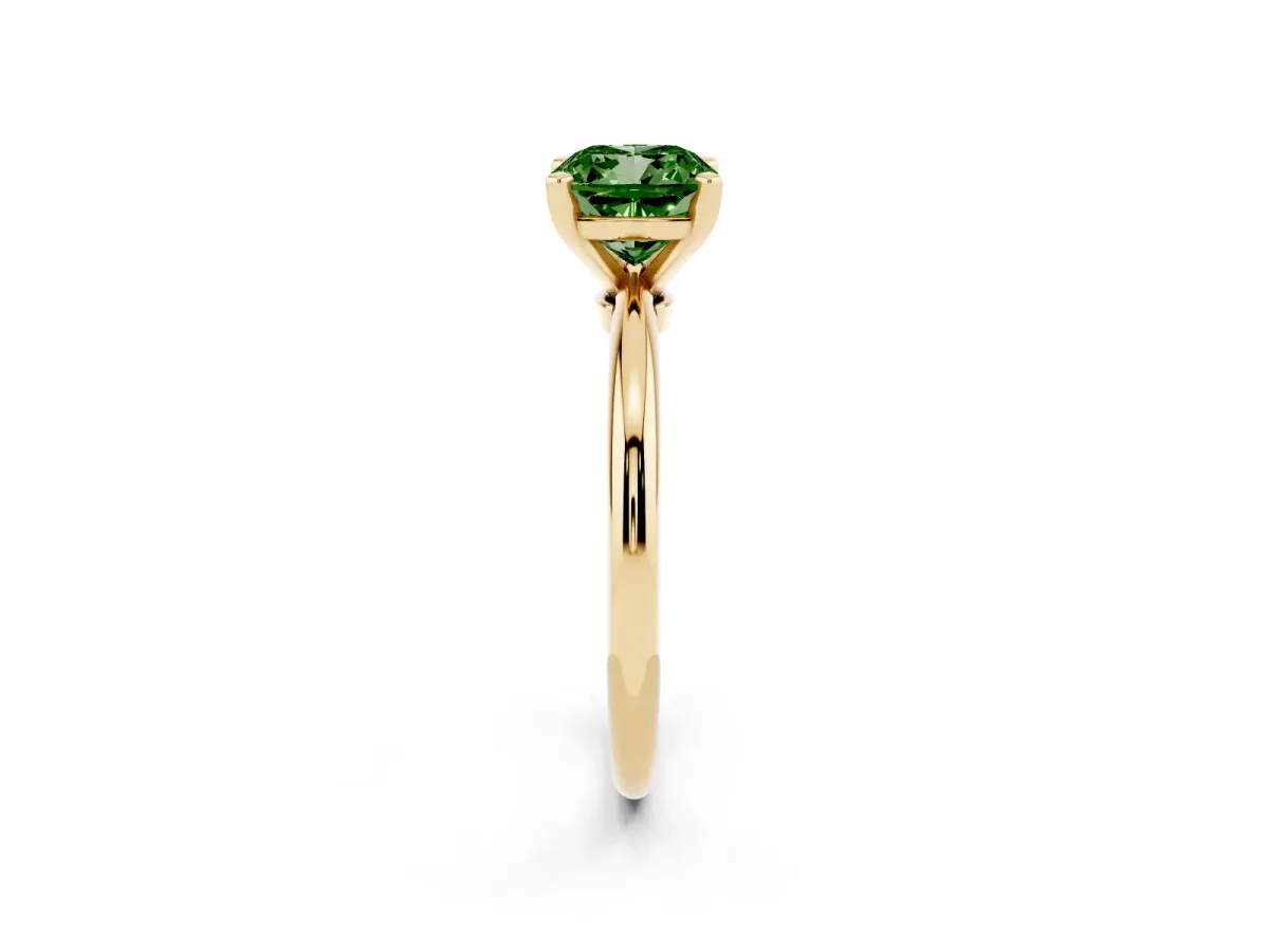 Fancy Green Cushion Cut Diamond Solitaire Ring with Prong Setting and Classic Band Yellow gold