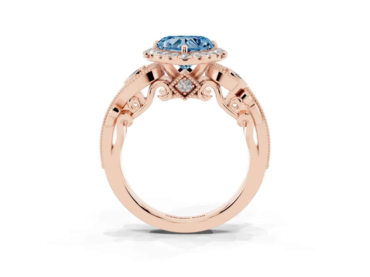 Fancy Blue Heart Cut Halo Diamond Ring with Milgrain and Bezel Accents on a Split Shank Band Rose gold
