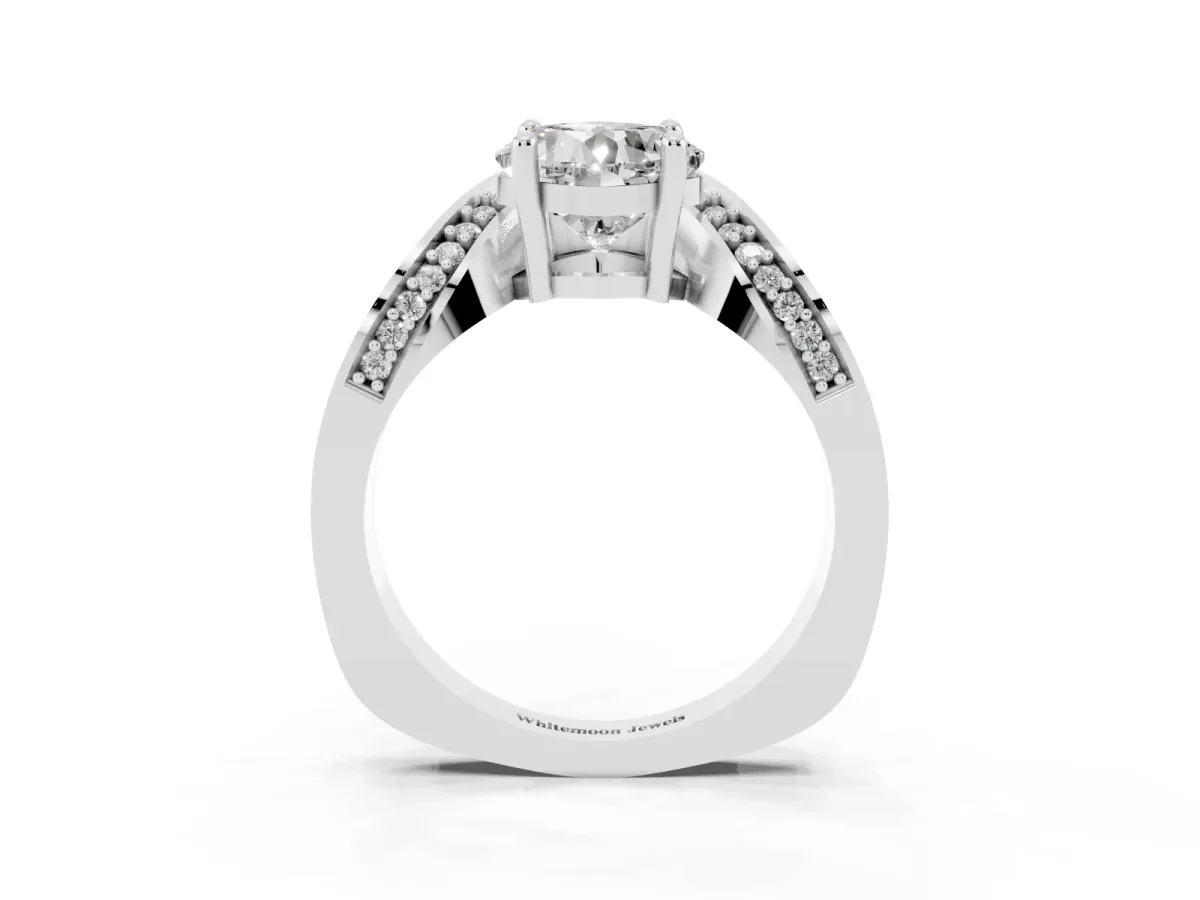 Cushion Cut Solitaire Diamond Engagement Ring with Pave Band and Four-Prong Setting Platinum