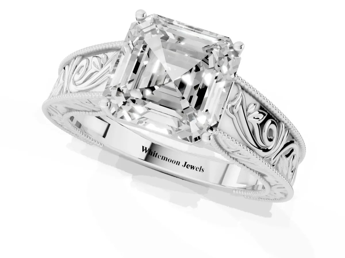 Asscher Cut Diamond Solitaire Ring with Engraved Band and Four-Prong Setting White gold