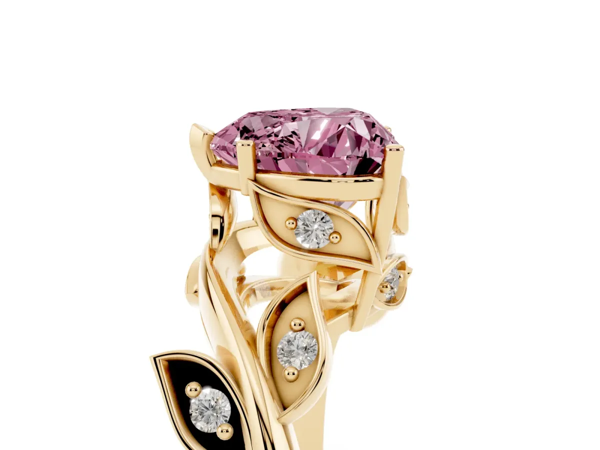 Fancy Pink Heart Cut Solitaire Twist Engagement Ring with Leaf Accents and Prong Setting Yellow gold