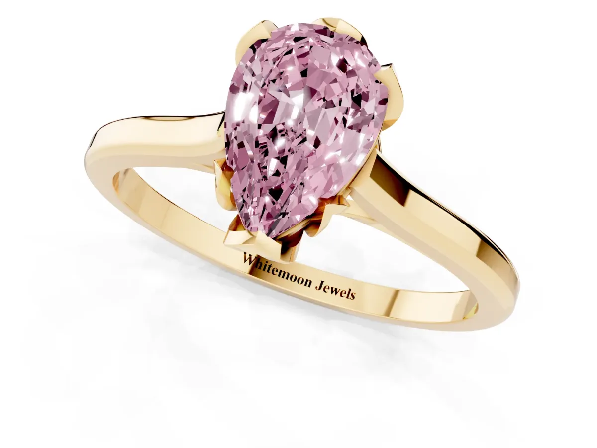 Fancy Pink Pear Cut Diamond Solitaire Ring with Flower Prong Setting and Classic Band Yellow gold
