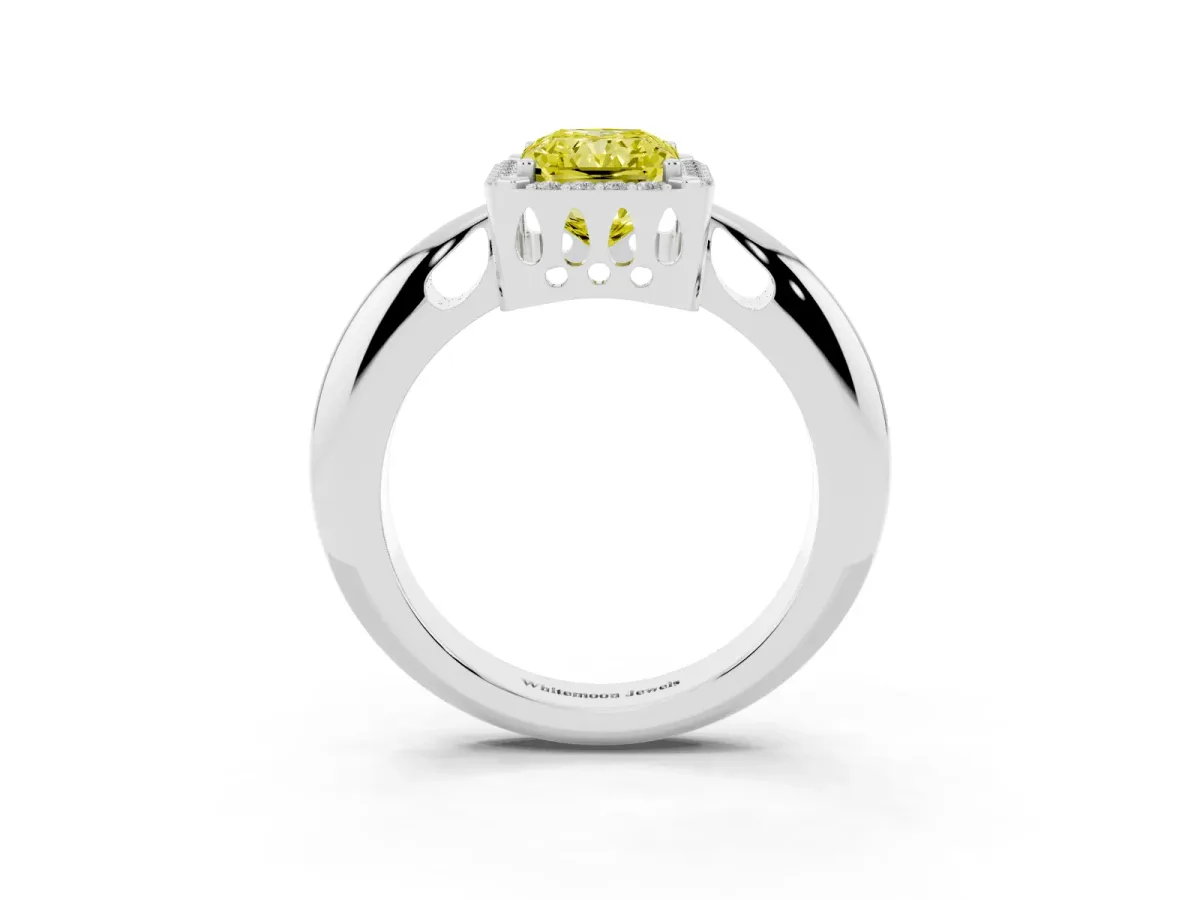 Fancy Yellow Radiant Cut Cut Diamond Halo Engagement Ring with Split Shank and Four-Prong Setting Silver