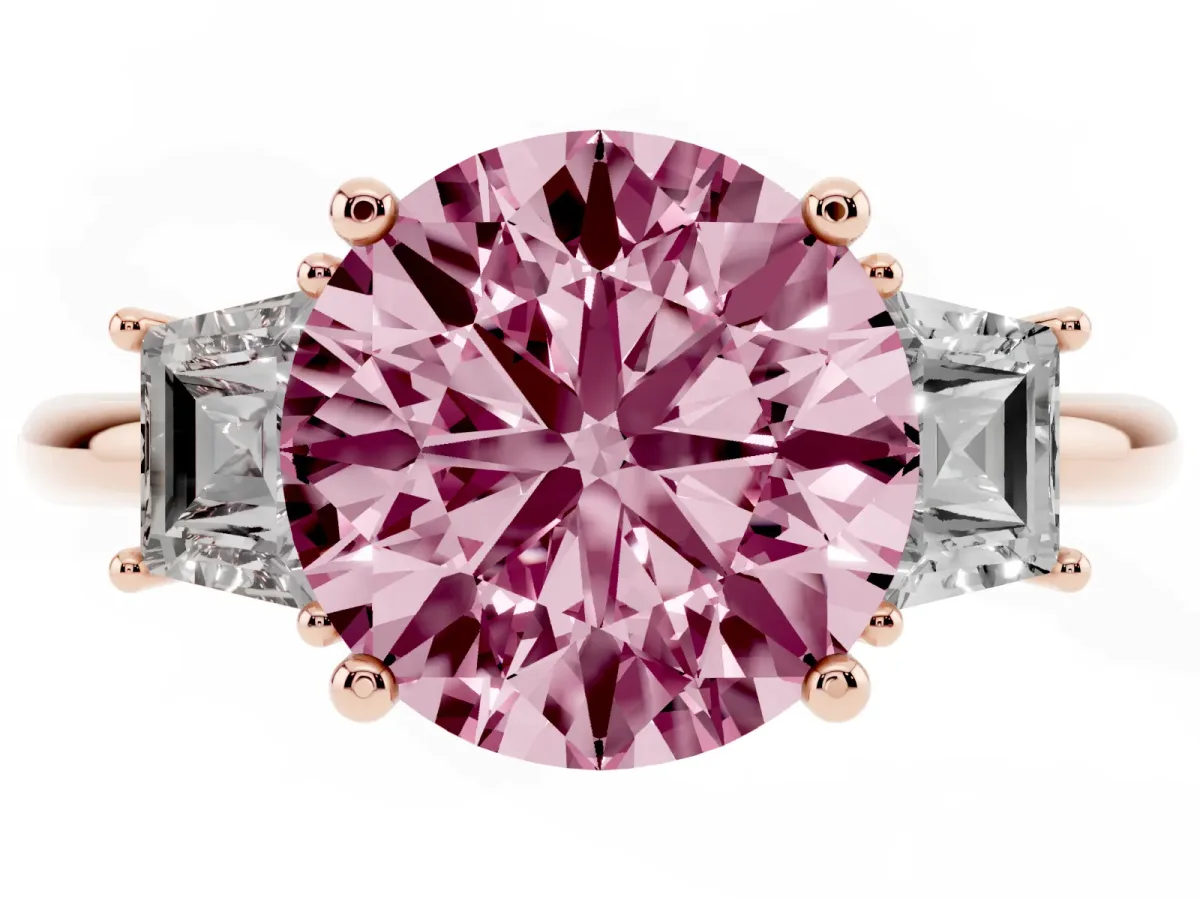 Fancy Pink Round Cut Diamond Three-Stone Ring with Trapezoid Side Stones and Prong Setting Rose gold