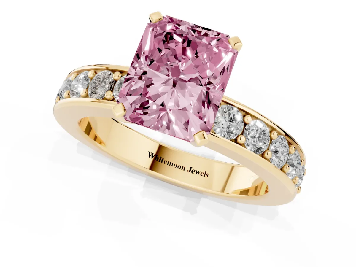 Fancy Pink Radiant Cut Diamond Engagement Ring with Channel Set Round Band and Prong Setting Yellow gold