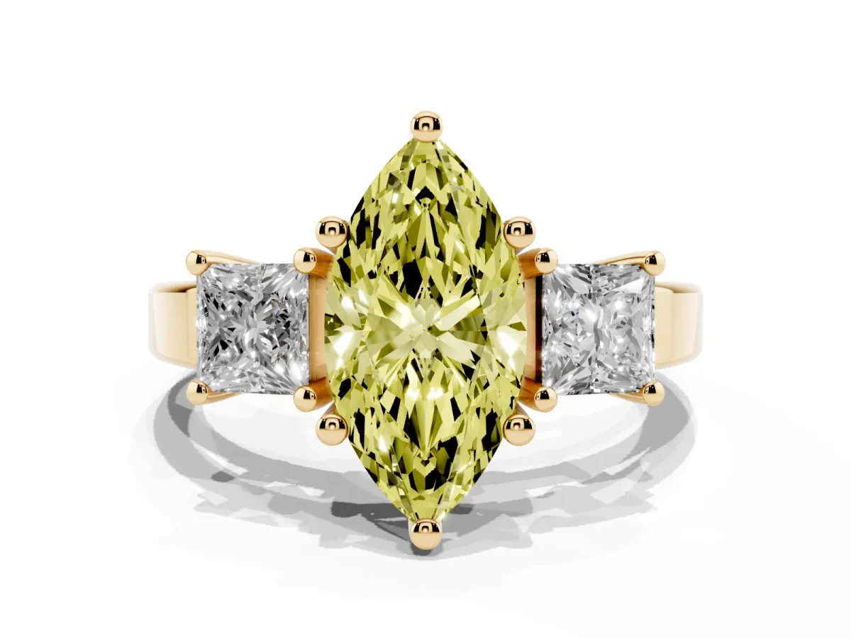 Fancy Yellow Three-Stone Marquise Cut Cut Solitaire Ring with Prong Setting Yellow gold