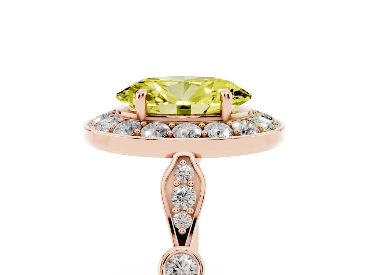 Fancy Yellow Oval Cut Halo Diamond Engagement Ring with Twisted Band and Four-Prong Setting Rose gold