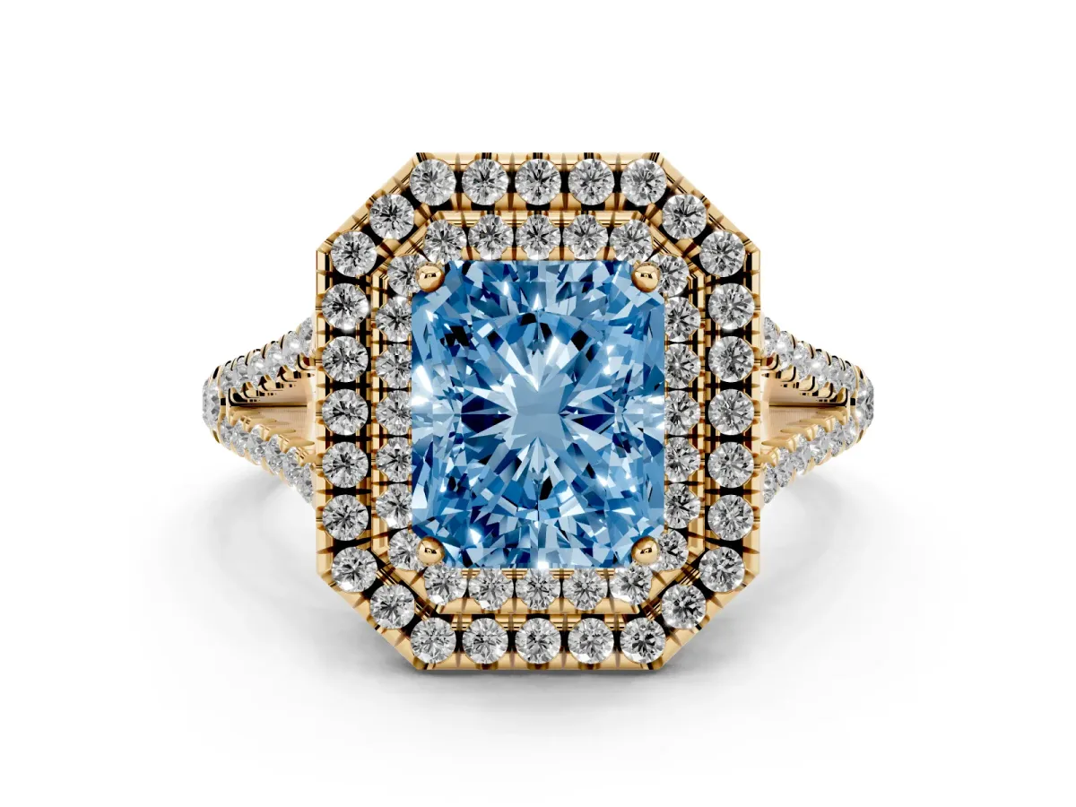 Fancy Blue Radiant Cut Diamond Double Halo Ring with Pavé Band and Prong Setting Yellow gold