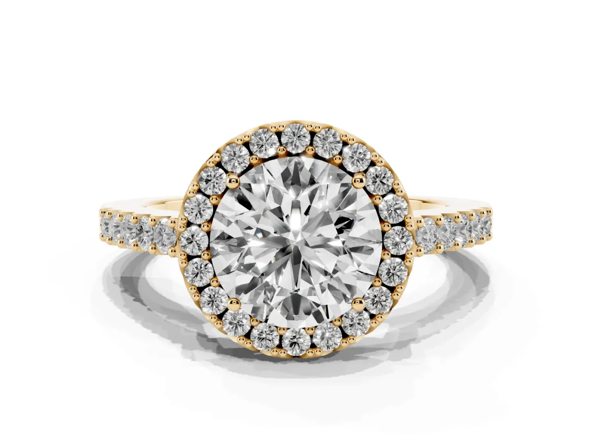 Round Cut Halo Diamond Pavé Solitaire Ring Yellow gold