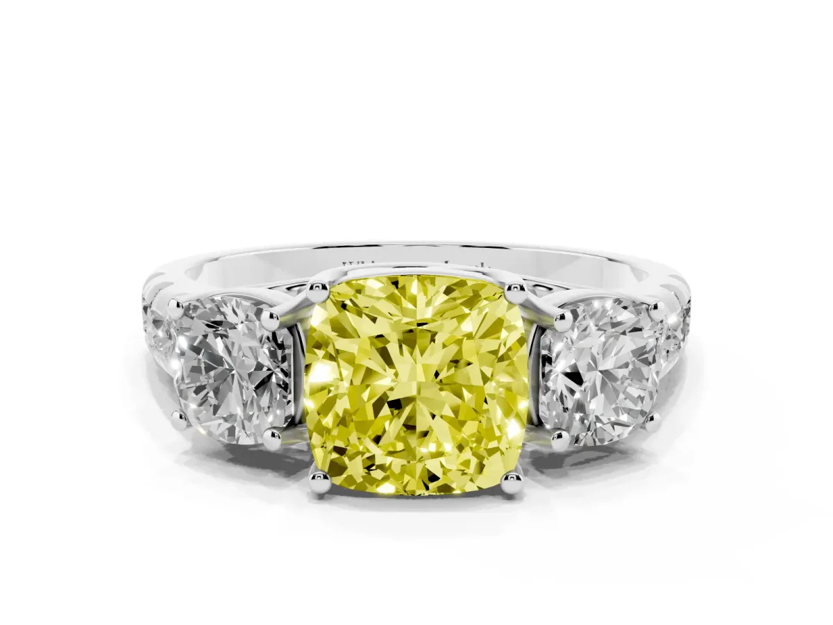 Fancy Yellow Three-Stone Cushion Cut Diamond Pavé Band with Prong Setting Platinum