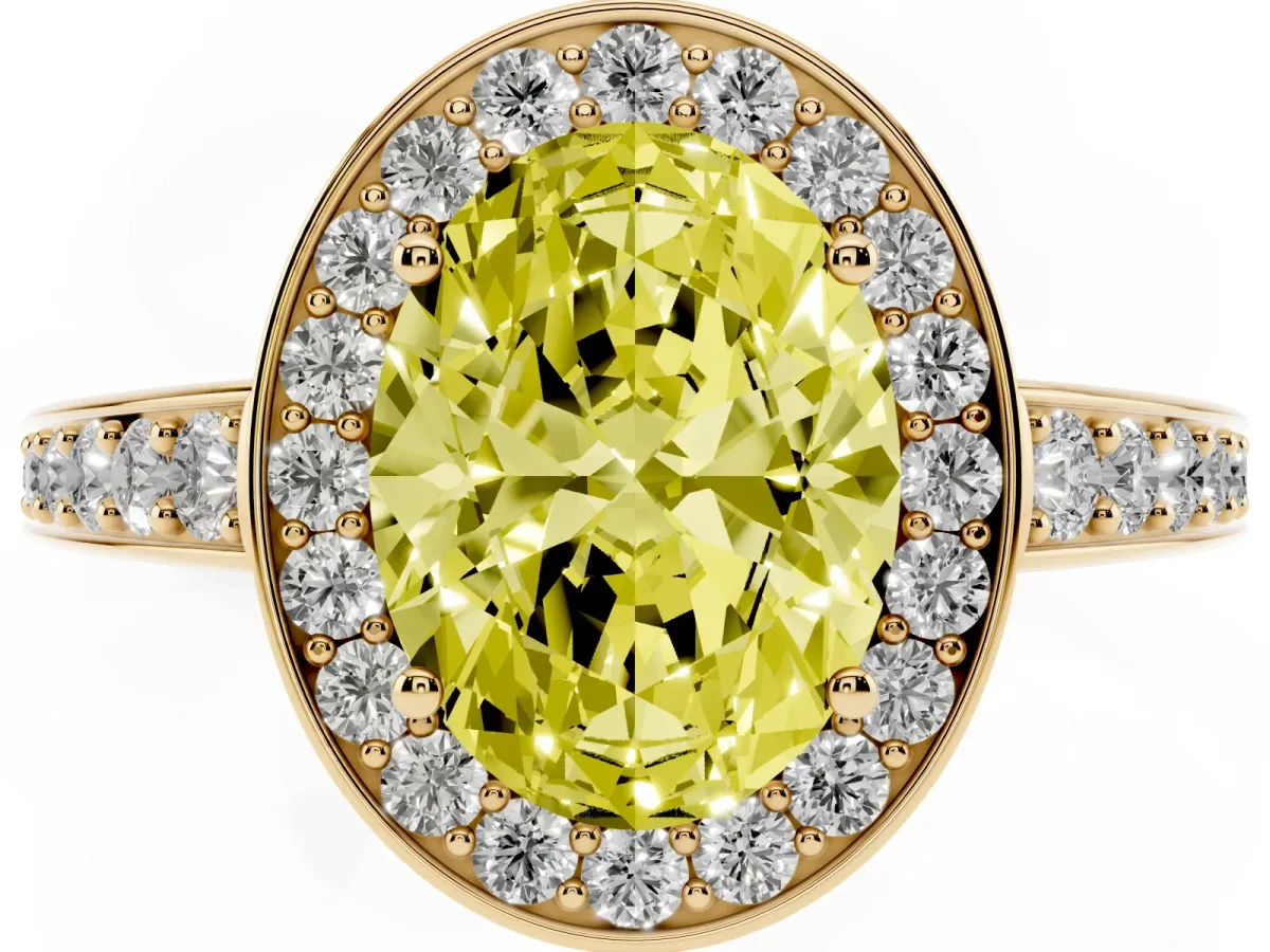 Fancy Yellow Oval Cut Halo Pavé Diamond Engagement Ring with Bezel Setting Yellow gold