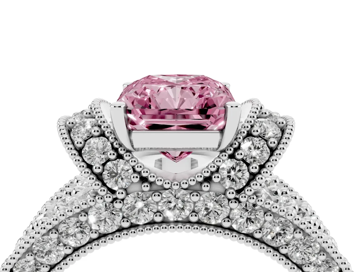 Fancy Pink Radiant Cut Halo Pave Diamond Engagement Ring with Milgrain Detailing White gold