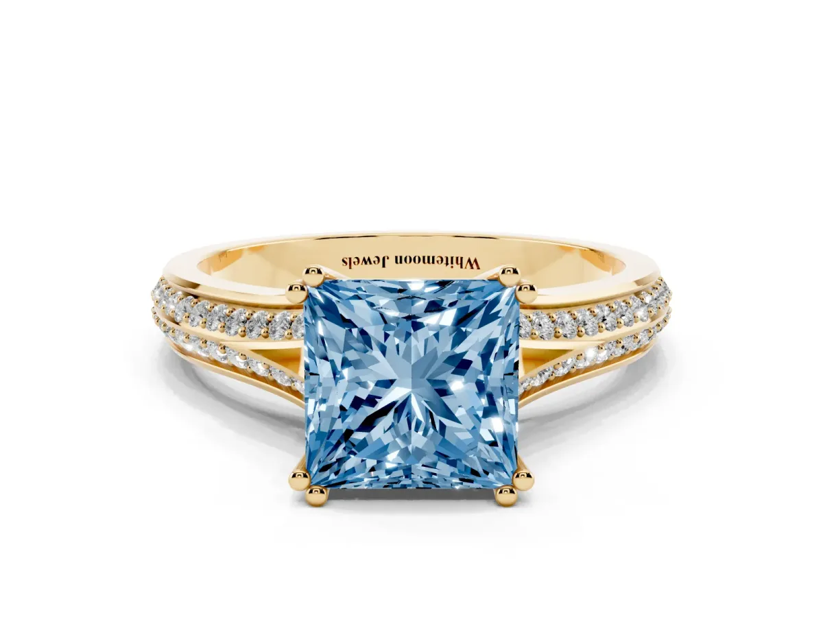Fancy Blue Princess Cut Diamond Split Shank Engagement Ring with Pavé Band Yellow gold