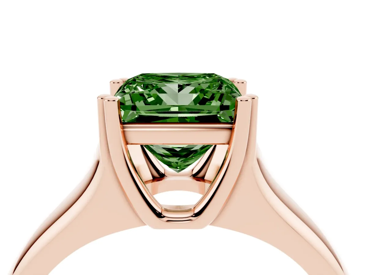 Fancy Green Princess Cut Diamond Solitaire Ring with Wide Band and Prong Setting Rose gold