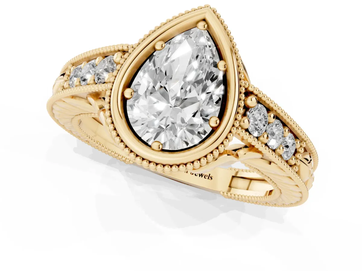 Bezel Set Pear Cut Diamond Milgrain Pave Engagement Ring Yellow gold